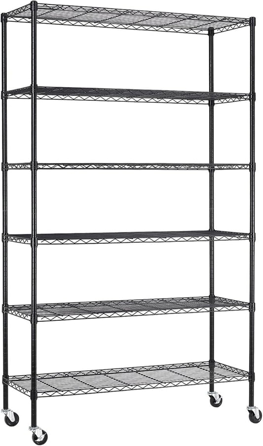 BestOffice | 6-Tier Wire Storage Shelves with Wheels | 18x45x82 | Black | Adjustable Racks | Heavy-Duty Metal Shelf, Holds Upto 2100 lbs | No-Tool Assembly | Ideal for Home & Garage Shelving