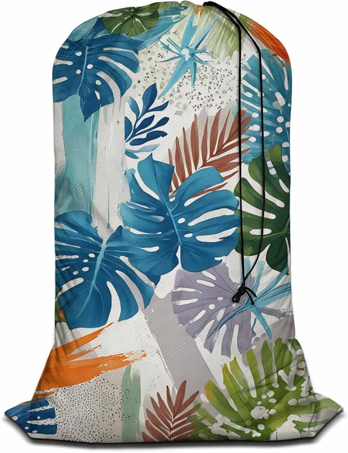 Swono Tropical Leaf Large Laundry Collapsible Laundry Bag Summer Exotic Brush Strokes Foldable Laundry Hamper Bag, Machine Washable, Oxford Cloth, Colorful