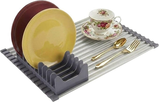 Medium Aluminum Roll Up Dish Drying Rack (17" x 13") - Fits Sinks up to 16 Inches, Heavy Duty Square Bar, Rust-Proof & Heat Resistant with Removable Dish Holder (Purple Gray Medium)