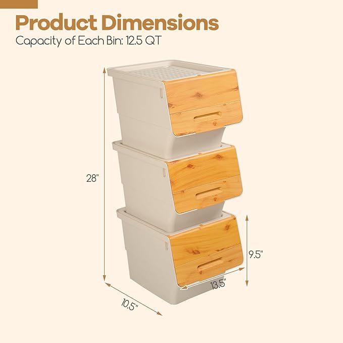 Giantex Plastic Stackable Storage Bins with Lids & Wheels, 6 Pack Open Front Stacking Bins, Organizer Bins for Pantry, Kitchen, Laundry, Closet, Playroom, Bedroom Organization （12.5 QT）