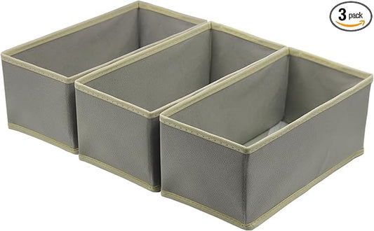 Bructhun Sock Drawer Organizer 3 Pack - Foldable Fabric Storage Bins for Underwear Divider, Small Closet Organizers with 3 Compartments, Light Gray