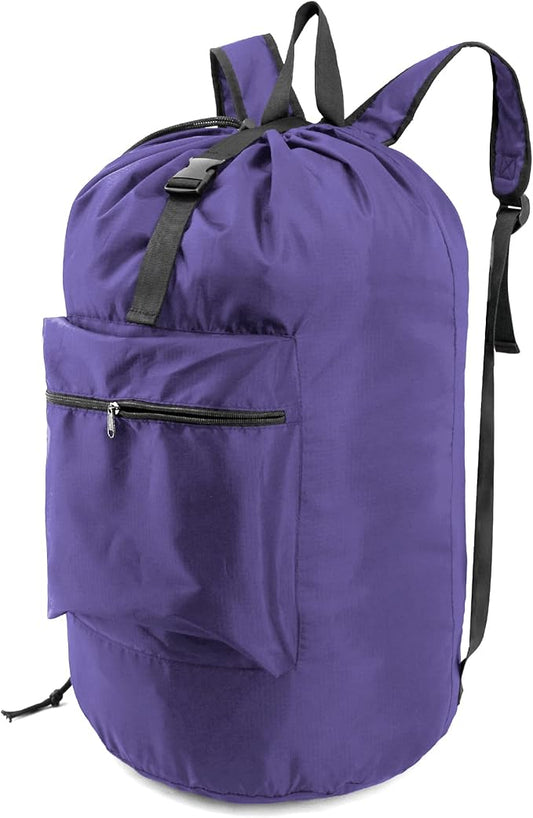 BeeGreen Laundry-Bag-Backpack-Heavy-Duty, Purple Nylon Drawstring Portable Laundry Foldable Extra Large Dirty Clothes Travel Bag with Handle College Dorm Apartment Essentials