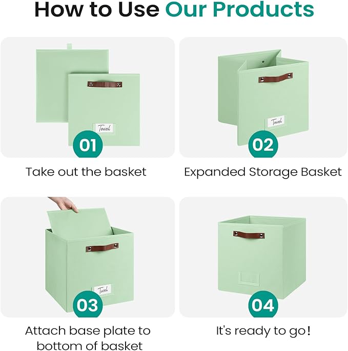 FinishingBo 6-Pack Storage Cubes with Handles & Label Holders Basket, Closet Cube Home Organizer Bins(Green, 13 x 13 x 13 inch)