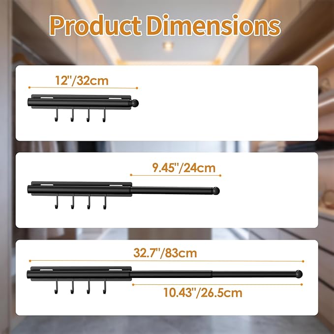 Lewondr Valet Rod for Closet Pull Out, 12" Adjustable Heavy Duty Extending Closet Rod, Valet Clothing Hanger Rods Extender for Wardrobe, Laundry Room, Bedroom, Bathroom, Black, 1 Pack