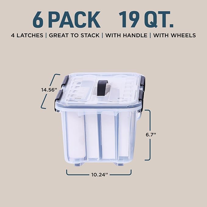 Lifemaster Stackable Storage Box Set - 6 Pieces 12 Quarts Multi-purpose, Space-Efficient Stackable Storage Boxes with Nestable Design, Secure Latches, Easy-Move Wheels & Pull-Out Base - Clear