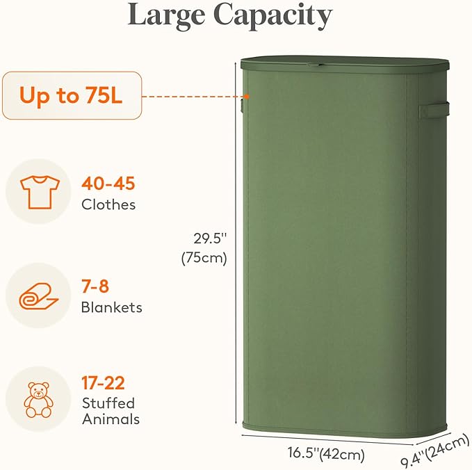 Lifewit 75L Slim Laundry Basket with Lid, Narrow Large Laundry Hamper with Plastic Handles and Removable Bag, Tall Foldable Dirty Clothes Hampers for Laundry Room, Bedroom, Bathroom, Dorm, Green