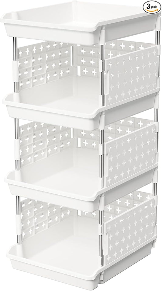 Lifewit Plastic Stackable Storage Baskets, 4 Tier Stacking Bins for Food and Clothes, Multifunctional Organizer for RV, Kitchen, Playroom, Pantry and Bathroom, 13.8"D x 11.8"W x 28.3"H, 1 Pack, White