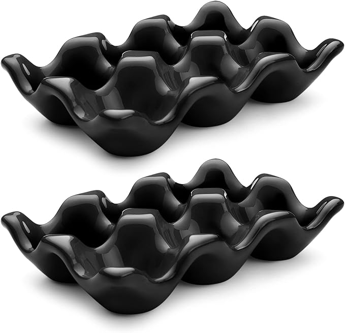 Flexzion Porcelain Egg Crate - 6-Egg Capacity Ceramic Egg Tray, Half Dozen Egg Holder for Fridge, Countertop Display - Black Decorative Serving Dish and Storage Organizer, 2 Pack