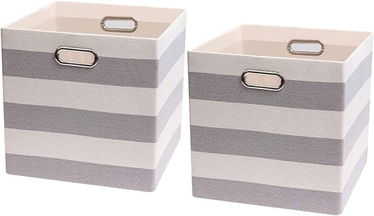 Posprica Storage Cubes,13×13 Collapsible Storage Baskets Bins Fabric Drawers - 2pcs, Grey-white Striped