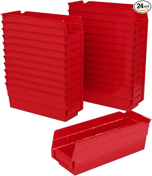 Akro-Mils 30120 Plastic Shelf Bins, Heavy Duty Storage Bins for Garage, Closet, and Drawer Organization, 12" x 4" x 4", Red, 24-Pack