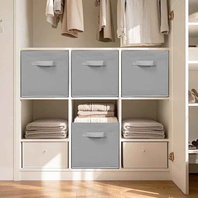 11x11 Inch Storage Bins Cubes, Fabric Foldable Storage Box, Collapsible Closet Organizer for Clothes, Blankets, Office, Bedroom, Living Room, Shelf Cabinet, Bookcase, Gray, 9 Pack