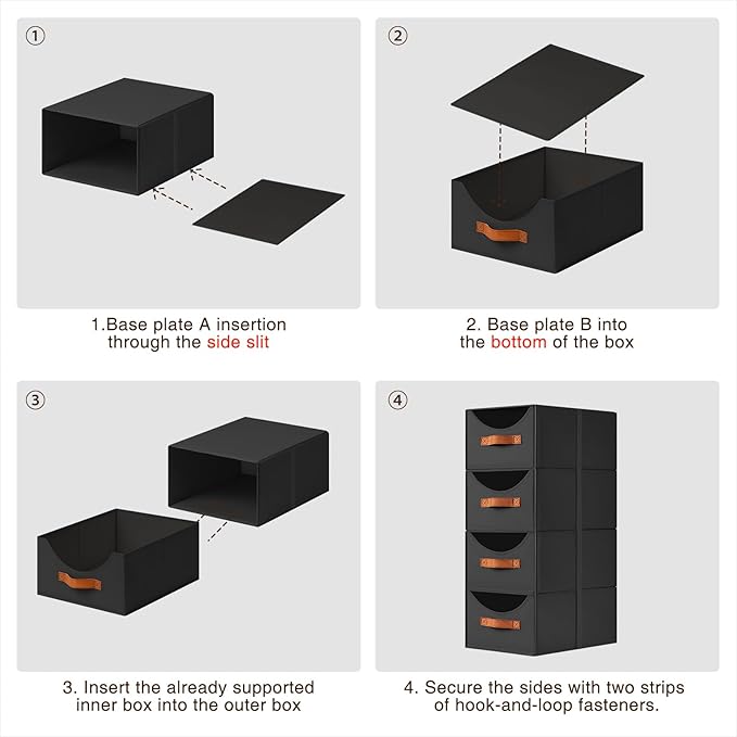 Homsorout Stackable Storage Drawers - Collapsible Storage Bins with Drawers, 4 Pack Closet Shelf Organizer Basket, Fabric Pull Out Organizer for Bedroom, Living Room, Dorm, Black
