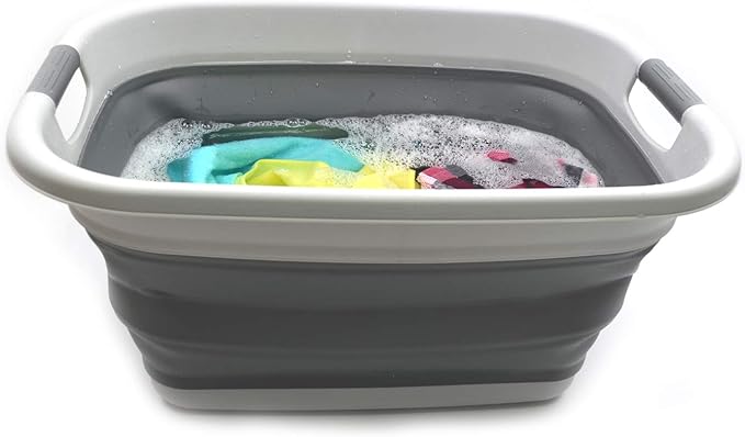 SAMMART Set of 2-31L (8.1 Gallon) Collapsible Plastic Laundry Basket-Pop Up Storage Container-Portable Washing Tub-Space Saving Hamper/Basket, Water Capacity: 23L (6 Gallon) (2, Light Grey)