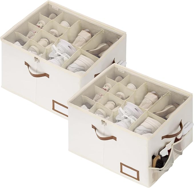 StorageWorks Shoe Organizer for Closet, 2 Pack Shoe Storage Boxes with Clear Lid, Stackable Shoe Storage Organizer for Sandals and Slippers, Fabric Shoe Organizer Bins, Holds 16–32 Pairs, Beige