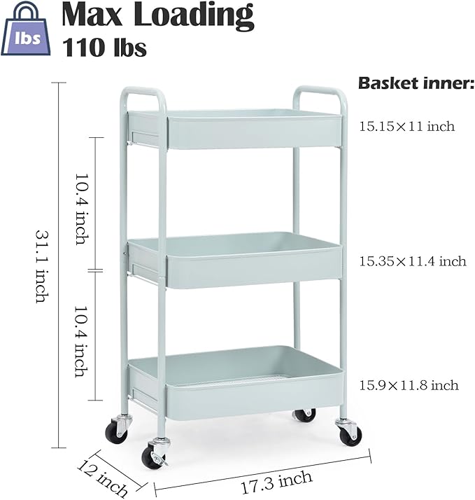 TOOLF 3-Tier Rolling Cart - Metal Utility Storage Organizer with Lockable Wheels, 33 lbs Per Shelf, Tool-Free 5-Min Assembly, for Kitchen Bathroom Office Nursery Craft Room, Green