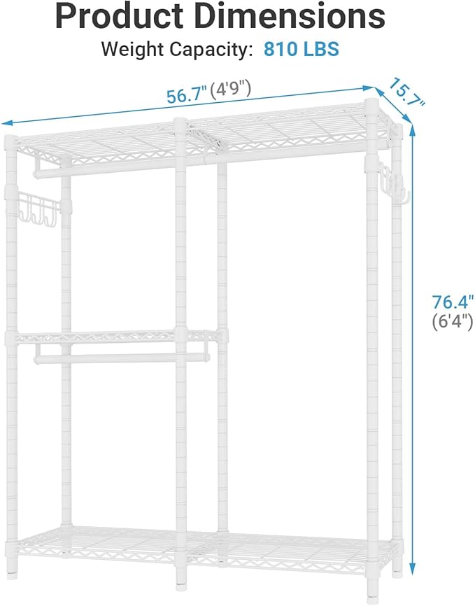 VIPEK V4C Heavy Duty Adjustable Clothing Rack, White Metal Closet Rack with Grey Cover, 57.9" L x 17.3" W x 76.4" H, 3 Hanging Rods & Side Hooks, Portable Closet