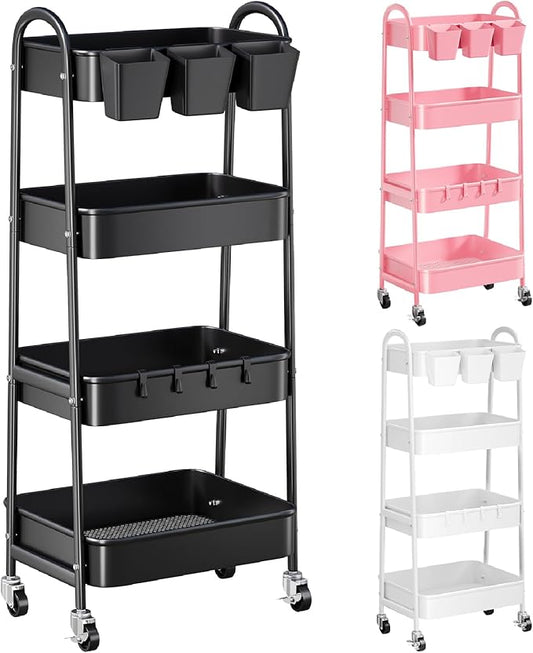 Black 4 Tier Rolling Cart Metal with Lockable Wheels, Four Tiered Tall Storage Rolling Cart on Wheels, Heavy Duty Utility Organizer Carts for Laundry, Kitchen, Dorm, Craft, Art, Snack,Mesh Basket,38in