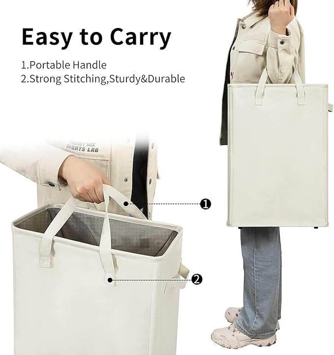 Zero Jet Long Laundry Basket with Handles Slim Foldable 45L Beige