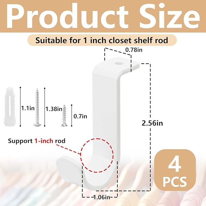 moonoom 4 Pack Heavy Duty Closet Rod Brackets for 1-Inch Diameter Rods, Metal Hanging Shelf Rods Support with Screws, White Closet Rod Holders for Living Room Kitchen Garden and Bathroom
