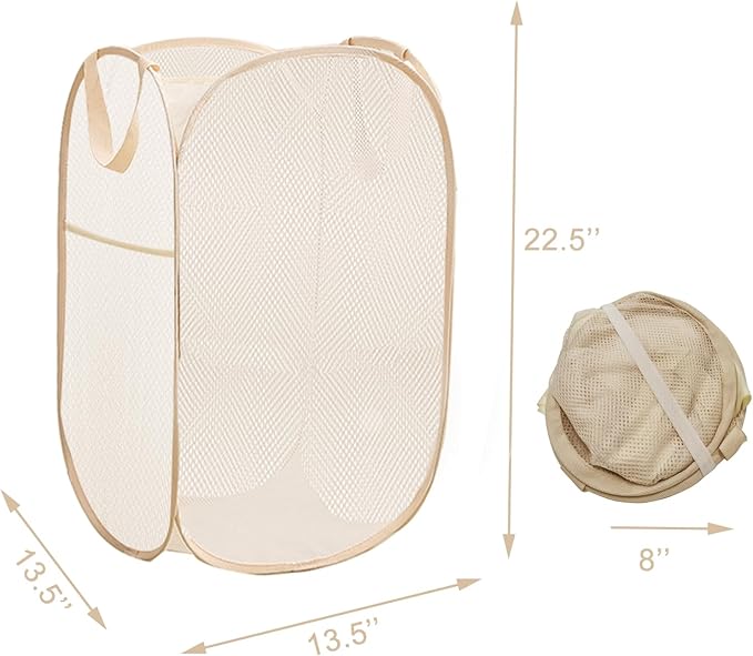 Pop Up Laundry Basket Folding Laundry Hamper Mesh Hamper Storage Bin for College Dorms, Travelling, Crusing, Camping, Beige