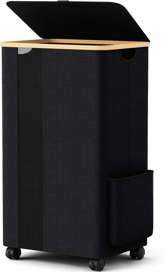 BlissTotes Laundry Basket Laundry Hamper with Lid, Collapsible Laundry Hampers, Laundry Bin, Clothes Hamper Basket with Internal Support & Wheels & Handles for Bathroom, Bedroom (100L, Black)