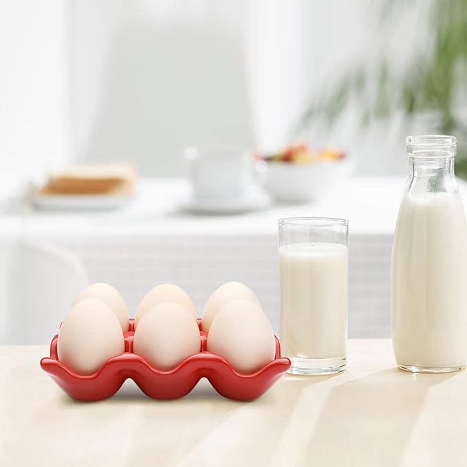 Flexzion Ceramic Egg Tray - 6 Egg Capacity Half Dozen Holder, Red Decorative Serving Dish and Storage Organizer, 2 Pack