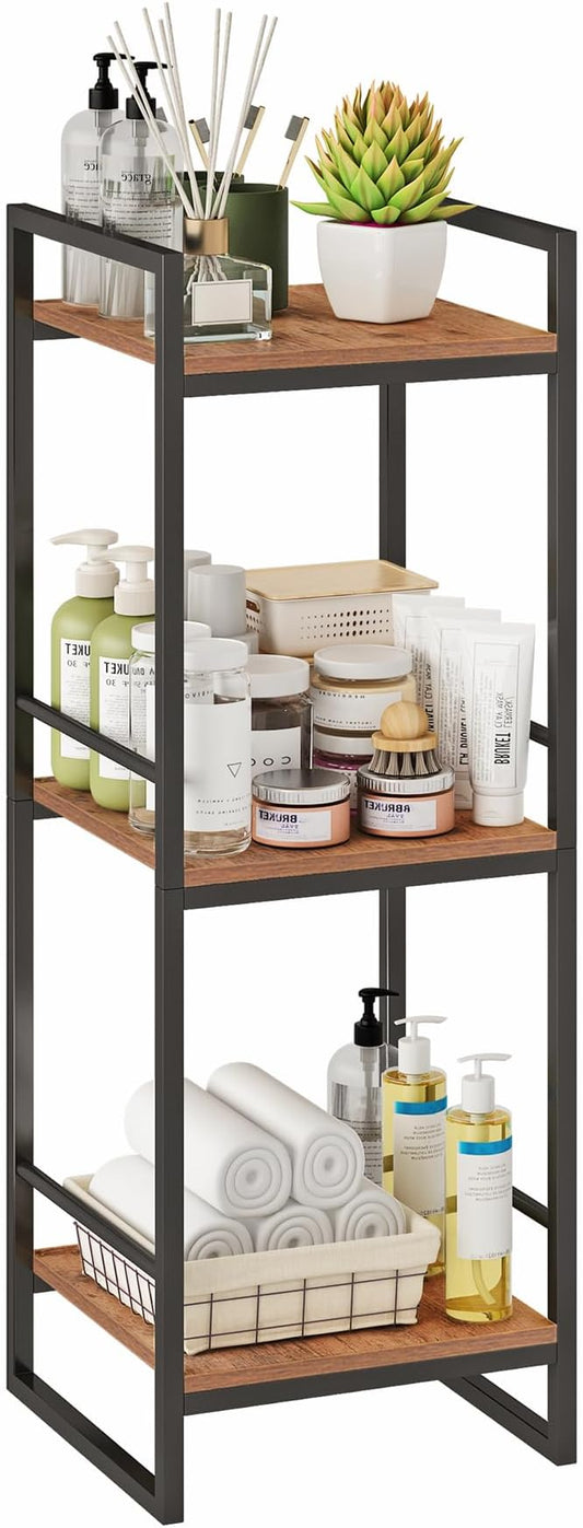 BYFU 3 Tier Bathroom Storage Open Shelf, Freestanding Metal Corner Storage Rack Shelving Unit for Bathroom Kitchen Living Room Hallway, Rustic Brown