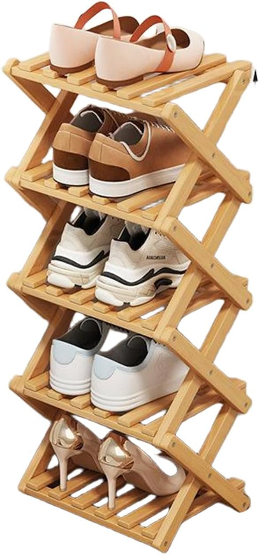 5 Tier Natural Bamboo Shoe Rack,Foldable Space Saving Shoe Storage Organizer,Easy Assembly & Strong Design Shoes Stand Shelf Organiser for Closet (Primary Color, Five Layers)