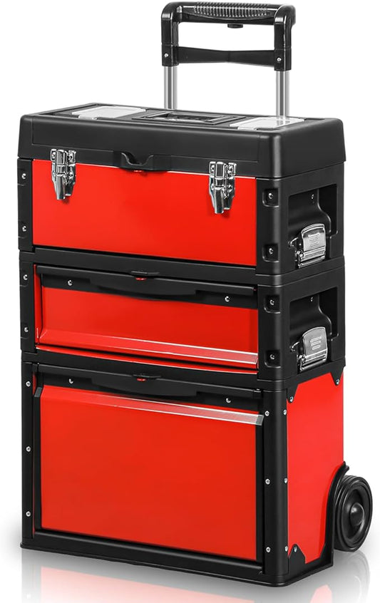 Magshion Heavy-Duty Rolling Tool Box, 3-Tier Stackable Tool Chest System with Wheels & Drawers, Modular Organizer for Small Parts and Tools, Mobile Garage Workshop Storage in Black/Red