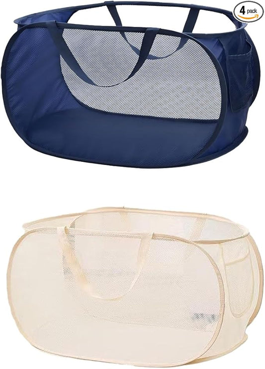2 Pack Collapsible Laundry Baskets Popup Mesh Laundry Basket Durable Handles Foldable Clothes Hamper for Laundry Room College Dorm (2, blue-beige)