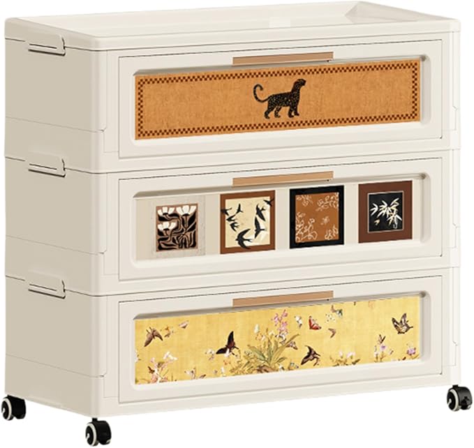 180QT Foldable Storage Cabinet with Lids, Stackable Storage Drawers with Doors and Wheels,ABS Durable Storage Cabinet Organizer for Home, Living Room, Kitchen, Stylish Home Decor (3 Tier)