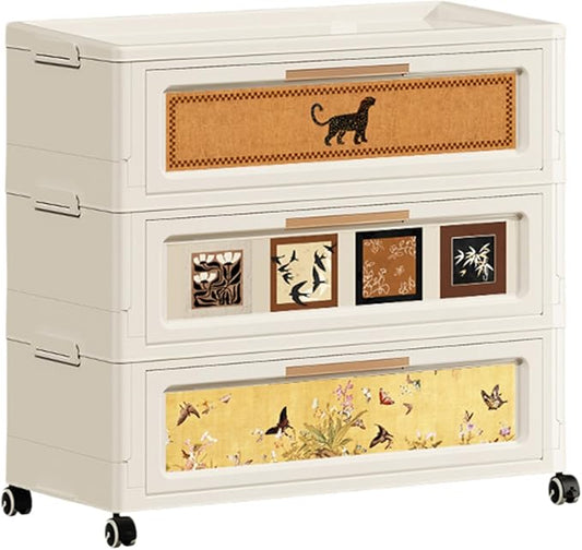 180QT Foldable Storage Cabinet with Lids, Stackable Storage Drawers with Doors and Wheels,ABS Durable Storage Cabinet Organizer for Home, Living Room, Kitchen, Stylish Home Decor (3 Tier)