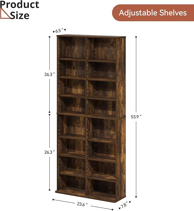 DVD Storage Tower, 16 Shelf Multimedia Storage Tower with Adjustable Shelves 8-Tier CD Cabinet for Living Room Home Office