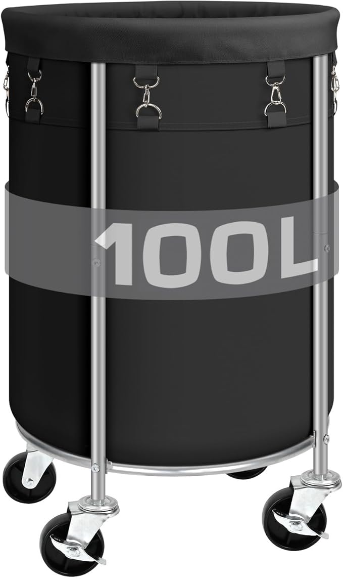 Laundry Hamper with Wheels, 100L Round Rolling Laundry Basket Sorter with Removable Bag, Clothes Cart Organizer with Steel Frame for Bedroom, Bathroom, Laundry Room, Black