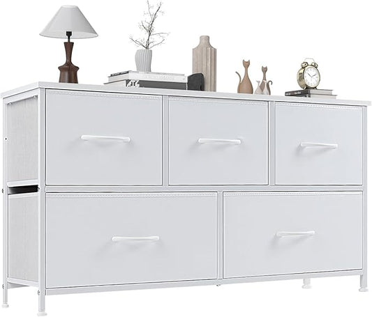 OLIXIS 5 Drawer Dresser for Bedroom, Fabric Storage Tower with Wooden Top and Metal Frame, Dresser Organizer for Living Room Closet Entryway,White