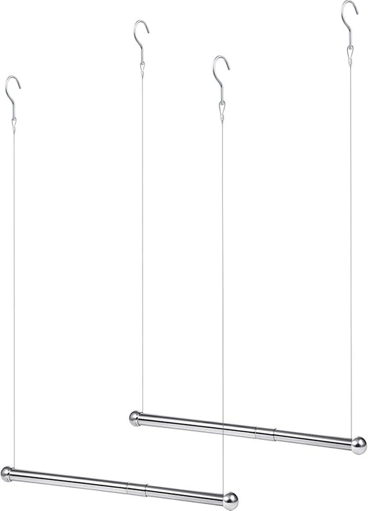 2 Pieces Hanging Closet Rod, Adjustable Width and Height, Clothes Hanging Bar Closet Organizer Rod Double Closet Rod Poles for Hanging Clothes Indoor Outdoor Closet Space-Saving (Stainless Steel)