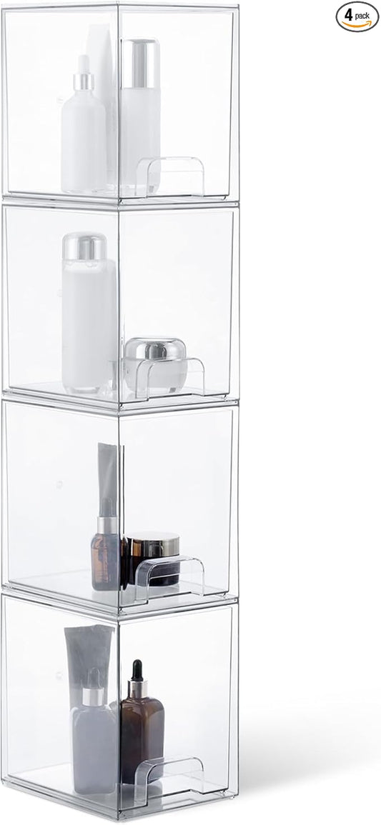 Amazon Basics Stackable Plastic Storage Makeup Organizer Drawers, Clear, 6.0" x 7.4" x 7.7", 4 Pack