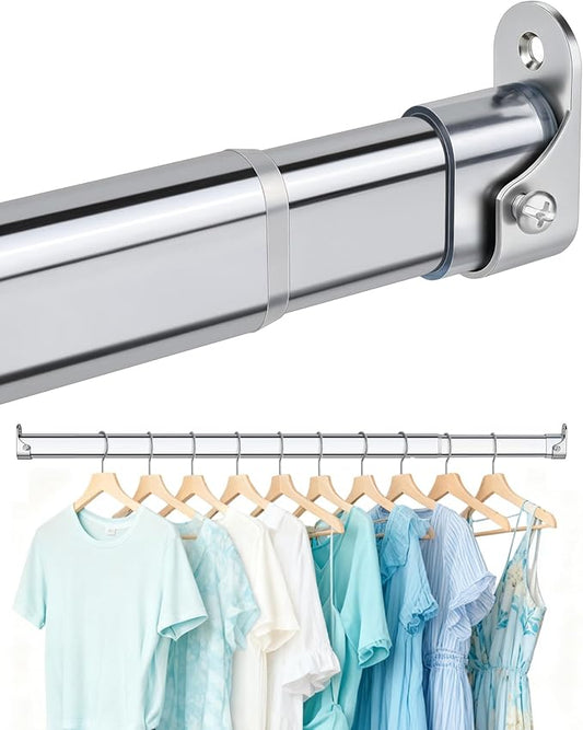 Premium Chrome Oval Closet Rod for Hanging Clothes 30 to 54.5 Inch, Includes End Supports, Adjustable Wardrobe Tube, Heavy Duty Extendable Closet Pole, Carbon Steel