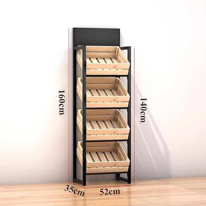 3/4 Tier Fruits & Vegetables Kitchen Shelf Rack Display,Retail Snack Stand, Large Solid Wood Floor Multi-layer Storage Frame for Commercial Supermarket(B-4 Tier)