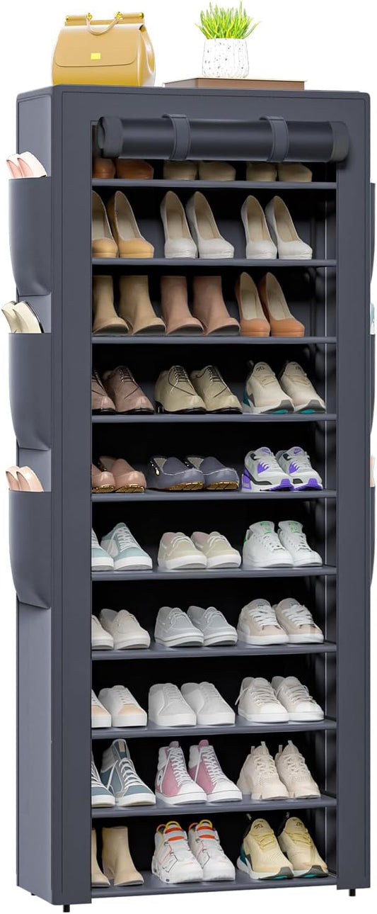 OYREL Shoes Rack 10 Tier Tall Shoe Rack with Storage Pockets, Fabric Covered Shoe Racks,Metal Shoes Rack Organizer for Closets,Bedroom, Garage