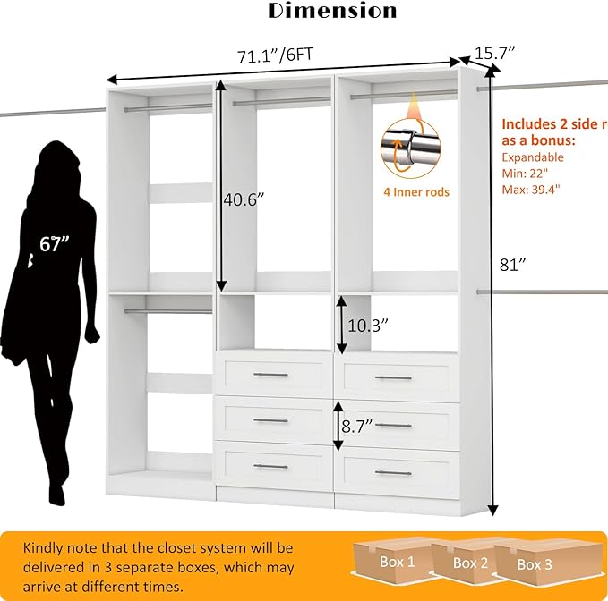 Closet System with 3 Sets, 6FT Closet Organizer Storage Systems with 6 Wooden Drawers & 7 Hanging Rods, Walk-in Closet Corner Closet System Modular Closet System White (6FT)