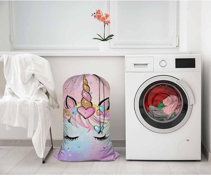 Swono Unicorn Laundry Bags with Locking Drawstring Closure 28" x 40", Colorful Sparkle Diamonds Heart Shapes Long Eyelash Versatile - Multi Use, Pink Blue