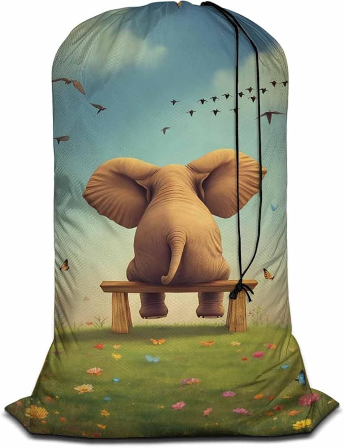 Swono Cute Elephant Large Travel Laundry Bag - Wet/Dry, Dirty Clothes Bag for Gym, Swimming, Yoga - Blue Cloud