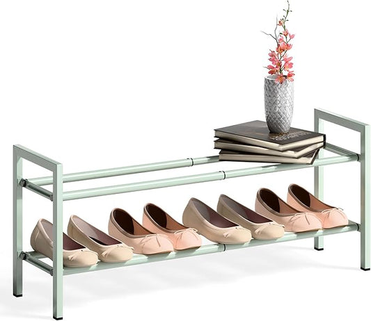 Bumusty 2-Tier Expandable Shoe Rack for Closet, 18“-33” Adjustable Shoe Rack for Small Space, Small Shoe Organizer for Front Door, Sturdy Metal, Green