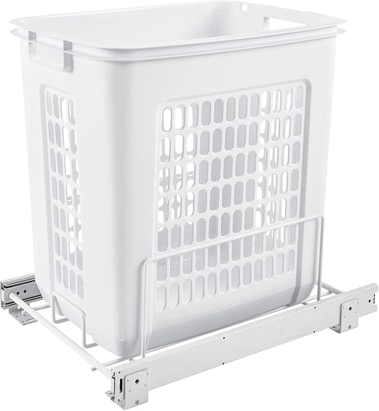Rev-A-Shelf Pullout 20" Deep Cabinet Floor Steel Mounted Polymer Plastic Clothes Laundry Hamper with Full Extension Slides, White, HPRV-1520 S - Hidden Storage Organizer for Laundry Room and Bathroom