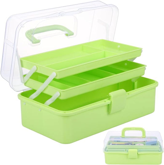 Small Toolbox with Handle, Tackle Box 3-Layer Craft Organizers, Portable Folding Plastic Tool Box for Sewing Supplies, Medicine, Art Supplies, Nails and Hair Accessories(Green)
