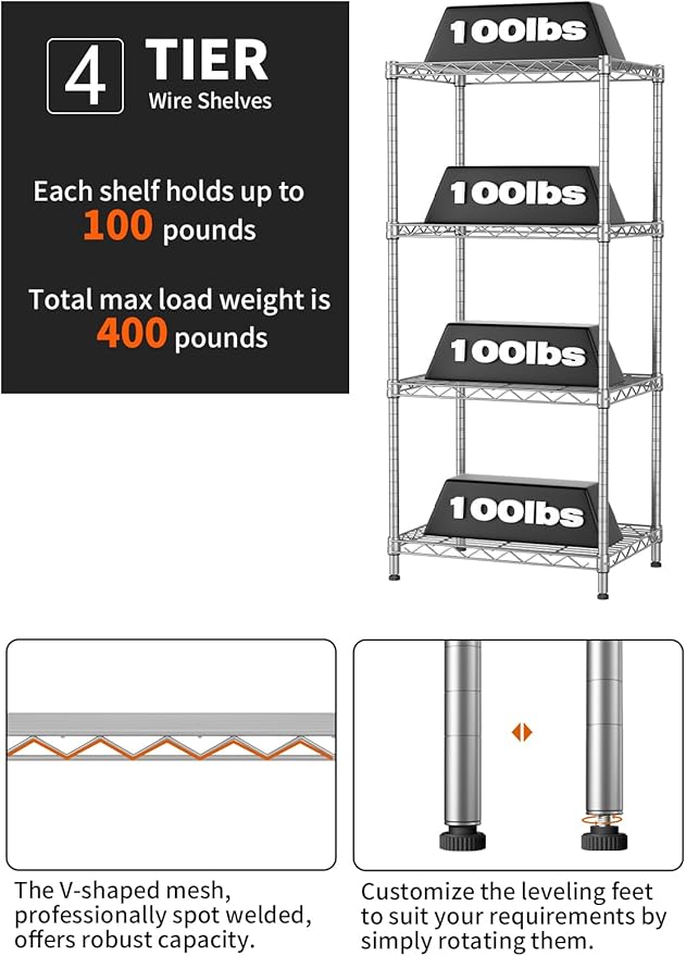 SINGAYE 4 Tier Shelf Adjustable Storage Shelf Wire Shelving 400LBS Load Capacity Metal Storage Rack for Kitchen Office Home Storage Pantry Room Silver 12" DX18 WX43.5 H