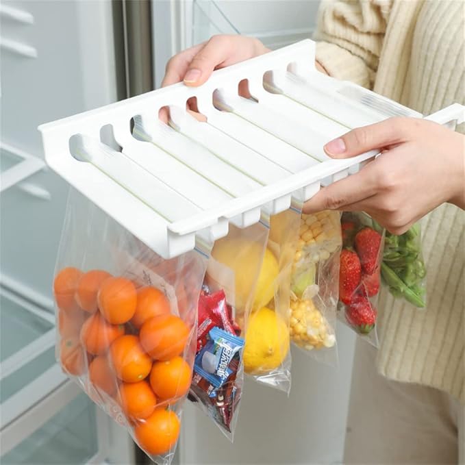 Smart Design Hanging Zip Bag Pull Out Refrigerator Drawer - BPA Free Plastic - 10 resealable bags for freezer refrigerator telescopic rack hanger sliding tray, meal planner for food/fruits/veggies
