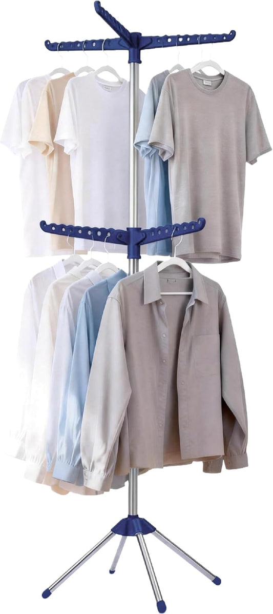 Beaudaily Clothes Drying Rack, Foldable 74.8-Inch Laundry Drying Rack, Indoor 2 Tier Drying Rack Clothing with Rotatable Arms, Stainless Steel, Holds 54 Pieces, Space Saving, Blue and Silver