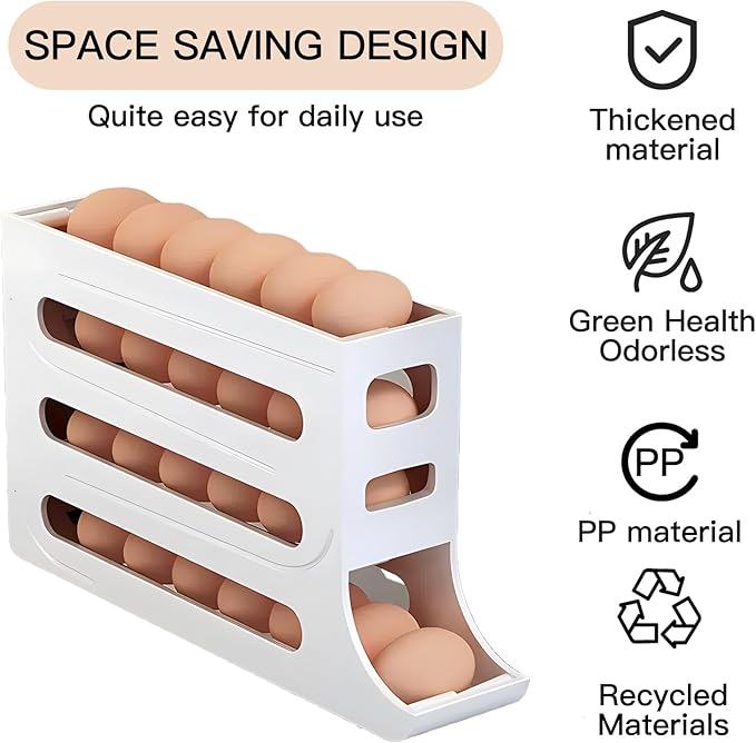Automatic Rolling Egg Storage For Refrigerator, Fridge Organizer, Space Saving Refrigerator Egg Holder For Fridge ,Egg roller holds 28 Eggs,for Refrigerator,Kitchen,Cabinets,Tabl (White)